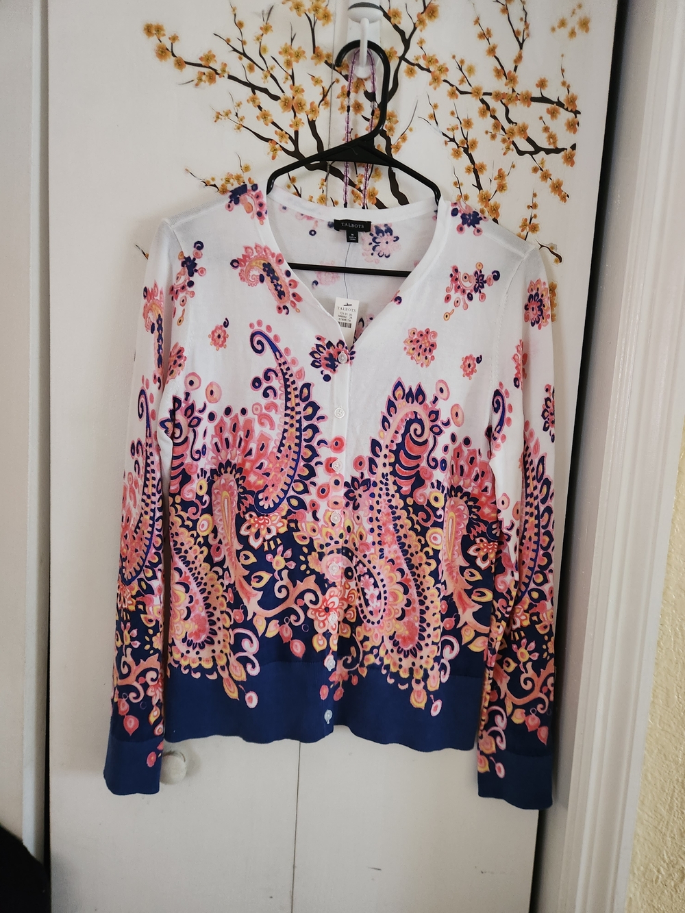 Charming Paisley Button-Front Cardigan - White, Pink & Navy